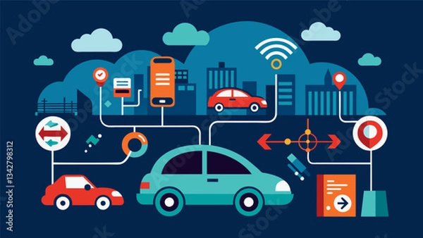 Fototapeta An automotive industry where cars can communicate with each other to avoid accidents find the most efficient routes and share data on fuel consumption for better energy management.. Vector