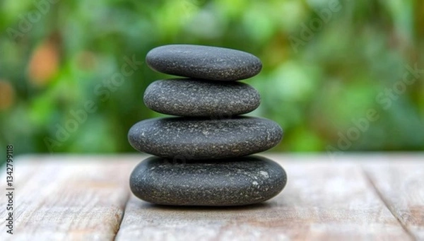 Fototapeta Stacked smooth dark stones on a wooden surface