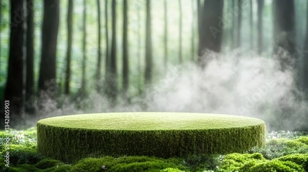 Fototapeta A circular moss-covered platform surrounded by a misty forest atmosphere.