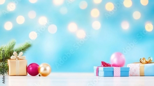 Fototapeta Colorful gifts and shiny ornaments surrounded by a sprig of evergreen create a joyful holiday atmosphere with soft glowing lights