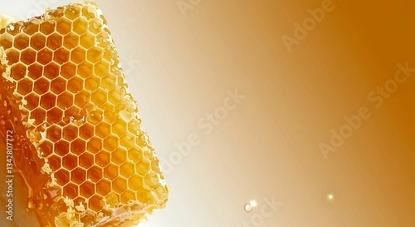 Fototapeta Golden honeycomb dripping with fresh honey, isolated on a warm gradient background. Hexagonal texture and natural honey flow create a delicious and organic feel, perfect for food and nature concepts
