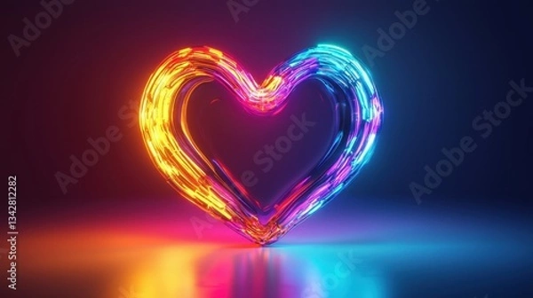 Fototapeta A heart shape made of glowing, colorful light swirls vibrates against a dark backdrop, emanating warmth and emotion. The neon hues blend beautifully, creating an inviting atmosphere