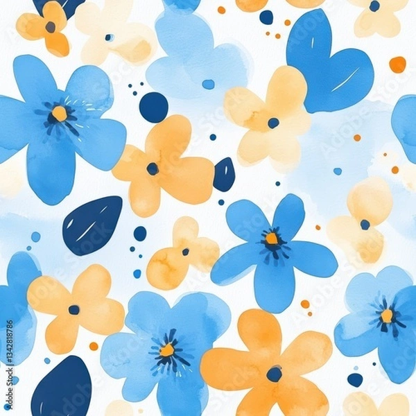 Fototapeta Abstract Watercolor Flower Seamless Pattern in Soft Blue and Yellow