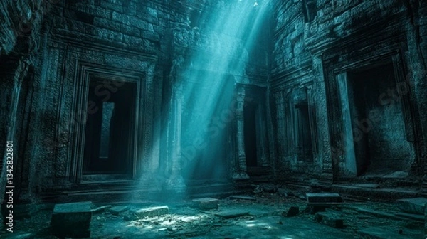 Fototapeta Sunbeams illuminate ancient Angkor Wat temple ruins