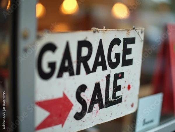 Fototapeta Close-up garage sale sign with arrow, blurred items in background, bold text, inviting vibe.