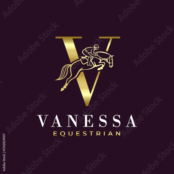 Fototapeta Elegant Luxury Abstract Line Letter V Monogram Horse Jump Alphabet Logo, Show Jumping Logo, Horse Jump, Typography
