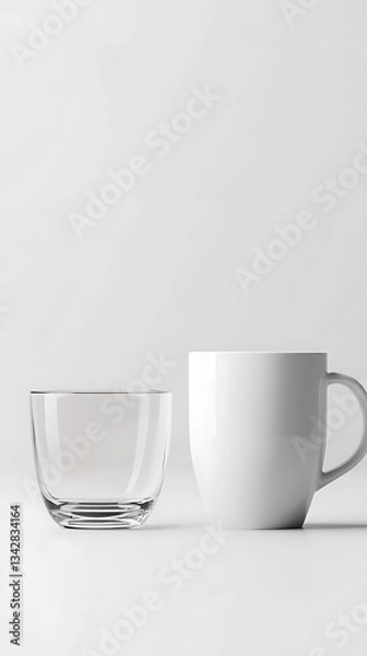 Fototapeta A clear glass and a white ceramic mug side by side on a neutral background.