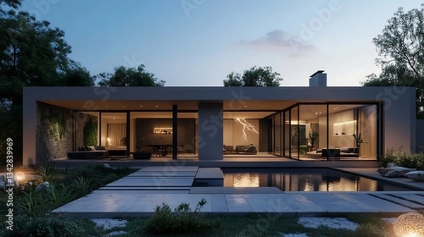 Obraz Modern Home with Pool Reflecting Sky at Dusk Calm Residential Scene