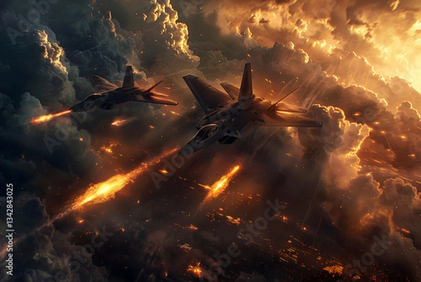 Fototapeta Advanced Stealth Jets Demonstrating Vertical Flight over Military Base