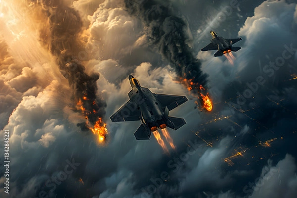 Fototapeta Advanced Stealth Jets Demonstrating Vertical Flight over Military Base