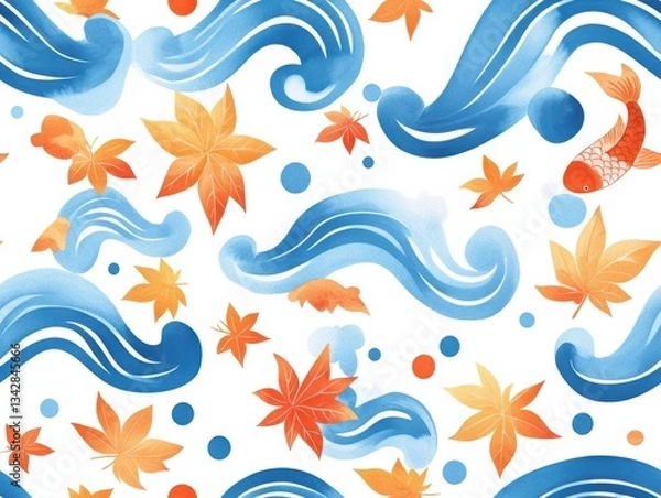 Obraz Vibrant Watercolor Pattern of Japanese Elements with Waves and Fish