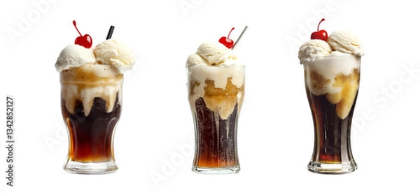 Obraz Root beer float with vanilla ice cream and cherry on a transparent background