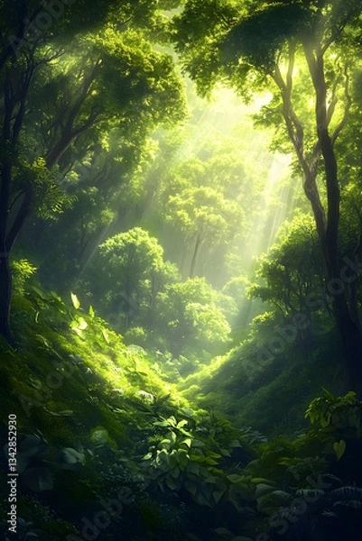 Fototapeta Lush Green Hills with Majestic Trees and Dappled Sunlight Creating a Tranquil and Vibrant Atmosphere in Nature