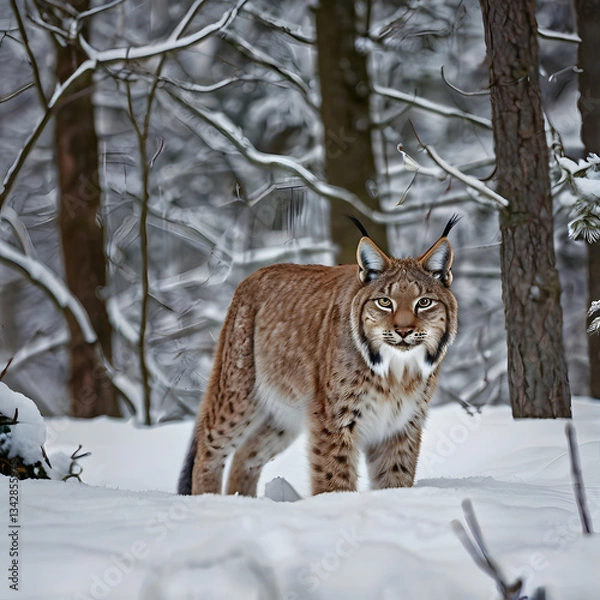 Fototapeta Lynx in Winter Wonderland: A majestic lynx confidently strides through a snow-covered forest, its keen eyes alert as it navigates the wintry terrain, a symbol of resilience and adaptability.