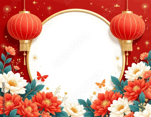 Obraz Chinese New Year floral frame with red lanterns