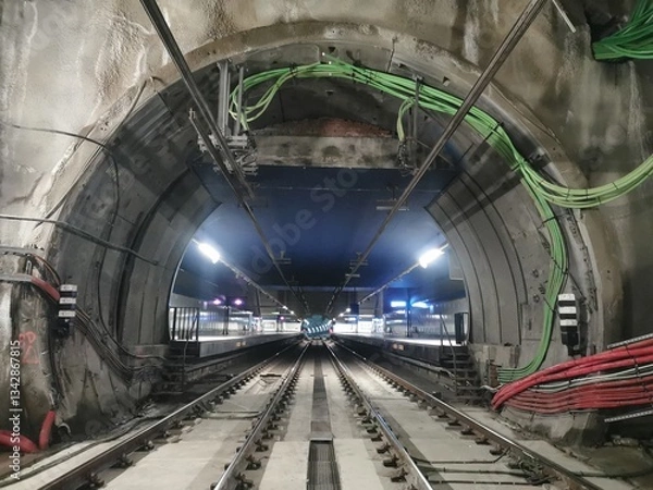 Fototapeta Illuminated metro tunnel leading to a station platform. Visible tracks, catenary, cables, and infrastructure. No trains present. Industrial setting with a perspective view of underground transportatio