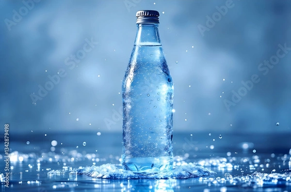 Fototapeta Refreshing Cold Sparkling Water Bottle with Ice and Droplets