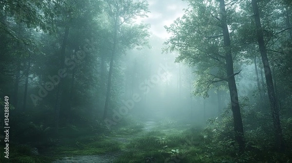 Fototapeta Smog Contamination Degradation, Misty Aerial View of Forested Landscape Obscured by Hazy Atmosphere