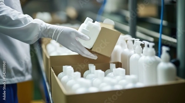 Fototapeta Worker Packing Bottles of Lotion in a Factory