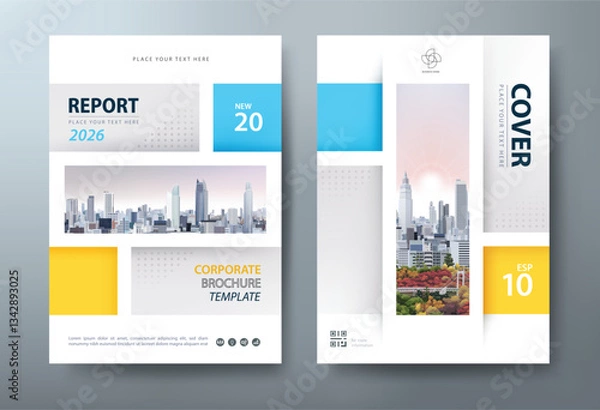 Fototapeta Blue and yellow Annual report brochure flyer design template vector, Leaflet, presentation book cover templates