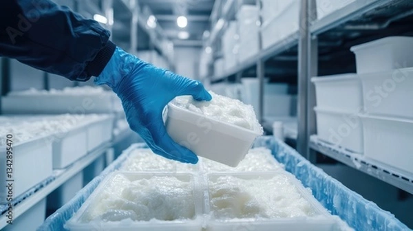 Fototapeta Worker in Blue Gloves Preparing Food in a Factory