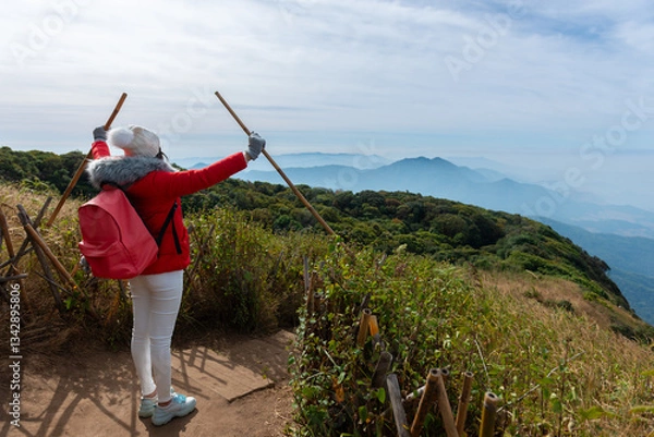 Fototapeta Female hiker exploring the beauty of nature while trekking through the mountains, surrounded by lush greenery and scenic views