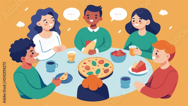 Fototapeta A group of friends sit in a circle mindfully passing around a dish of food and discussing their observations and reactions.. Vector illustration