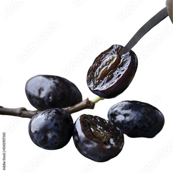 Obraz Ripe plums fruits with green leaves isolated on white and transparent background. PNG cutout.	
