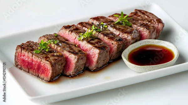 Fototapeta Strikingly Minimalist Presentation of Perfectly Cooked Steak Slices with Sauce on White Plate