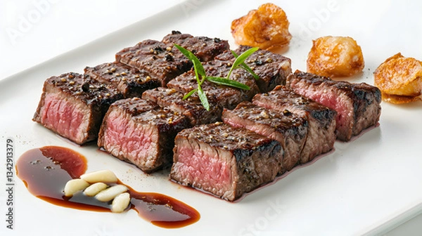 Fototapeta Professionally Styled Kobe Beef Presentation with Garnish and Sauce on Elegant Platter