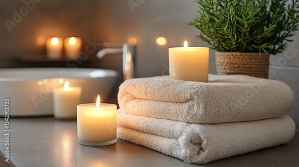 Obraz An inviting relaxation space is created by a stylish bathroom corner featuring flickering candles, a small plant, and a stack of neatly folded towels.
