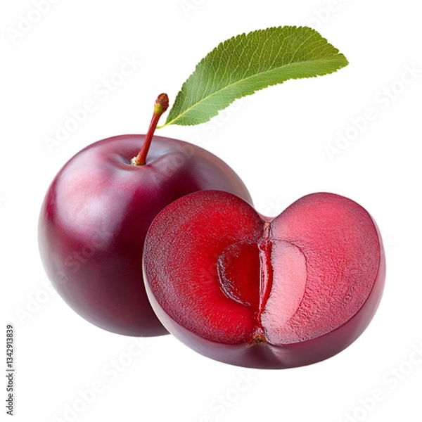 Obraz Ripe plums fruits with green leaves isolated on white and transparent background. PNG cutout.	
