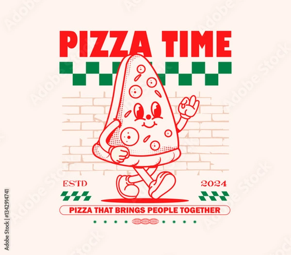 Obraz Retro pizza cartoon character in a fun 60s-70s style. Perfect for t-shirts, posters, stickers, and more. Playful and nostalgic vector illustration