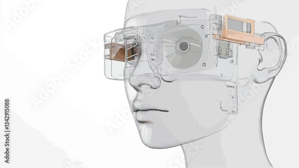 Fototapeta The image is a technical illustration or schematic rendering of a transparent head-mounted device.  It shows a semi-transparent representation of a human head and face, with a detailed, partially