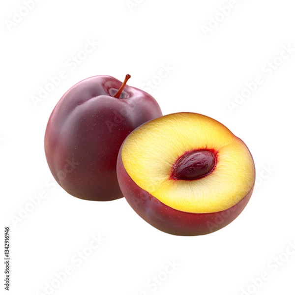 Obraz Ripe plums fruits with green leaves isolated on white and transparent background. PNG cutout.	
