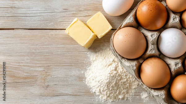 Fototapeta Fresh eggs, butter, and flour on wooden table for baking