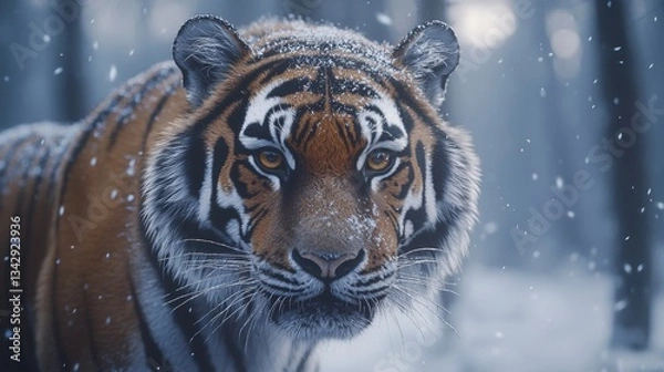 Fototapeta an Amur tiger standing in a snowy forest