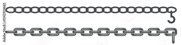 Fototapeta Chain solid icon set. Connection concept. A thin chain with a hook and a thick ship chain. Flat vector illustration isolated on white background.