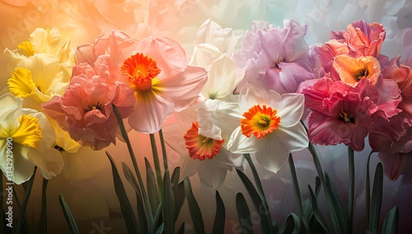 Fototapeta Bouquet of Multicolored Daffodils in Yellow White Pink and Orange