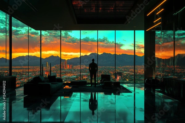 Fototapeta Futuristic extremely expensive bachelor pad high rise penthouse in downtown, tall windows with 360-degree view