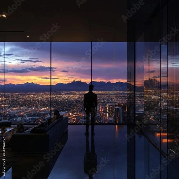 Fototapeta Futuristic extremely expensive bachelor pad high rise penthouse in downtown, tall windows with 360-degree view