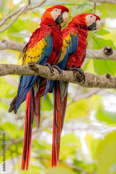 Fototapeta Pair of Scarlet macaw (Ara macao). The envelope of the Carera National Park, Costa Rica. Selective focus on bird's eyes