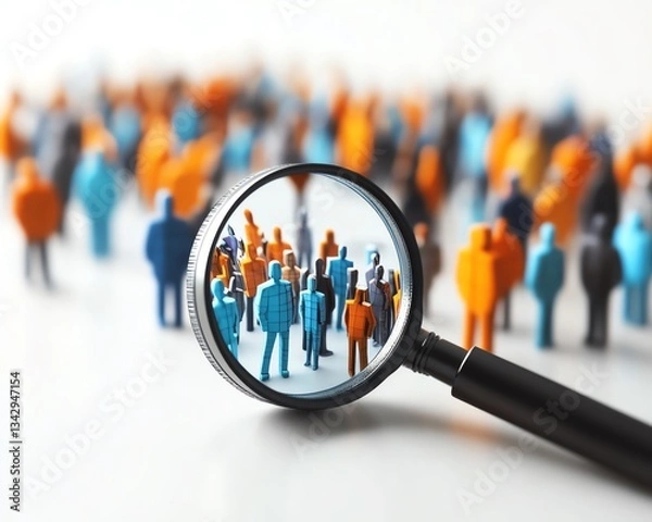 Fototapeta Magnifying glass over 3D team hiring icon, white background, recruitment focus, professional workforce selection, SEO optimized for Midjourney generation
