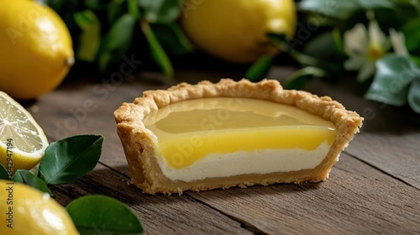 Fototapeta Delicious Lemon Pie with a Slice Cut Out Showcasing Zesty Filling and Crust