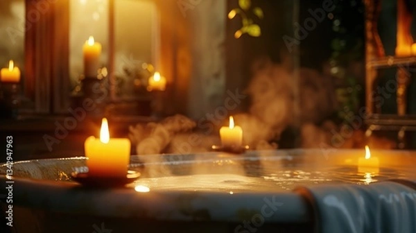 Fototapeta A tranquil bathtub with floating candles and gentle steam rising, creating a peaceful retreat