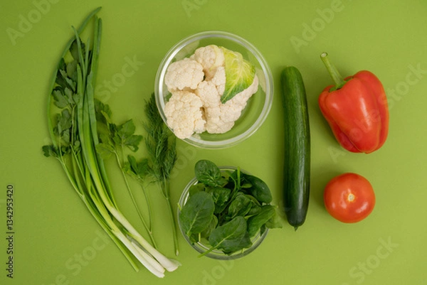 Obraz Fresh vegetables on green background. Healthy food concept. Top view.