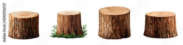 Fototapeta Assortment of wooden stumps and logs in a natural forest environment with moss and foliage growing around them showcasing the textures and hues of the natural materials
