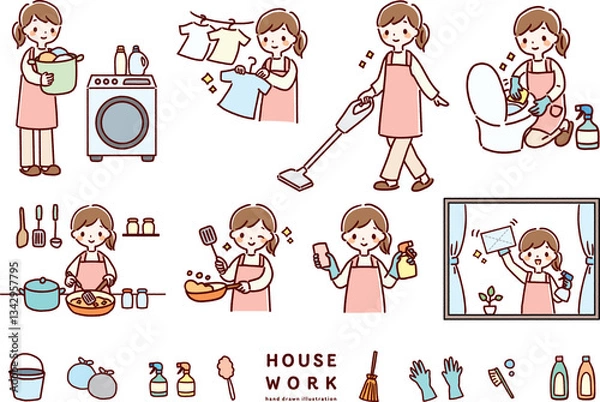 Obraz 家事をする女性のイラストセット