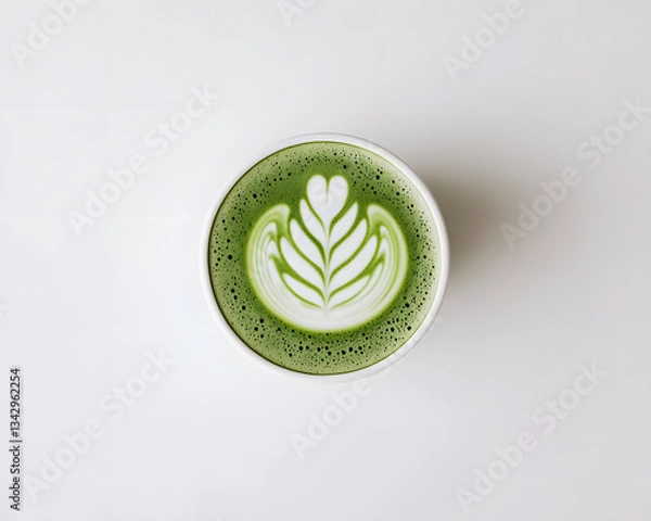 Fototapeta A calming matcha latte displaying intricate leaf art, evoking tranquility and mindfulness.