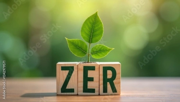 Fototapeta concept of carbon credit reducing carbon emissions Zero net greenhouse gas emissions target Carbon credits to invest in sustainable businesses green climate investment wooden block with green icon